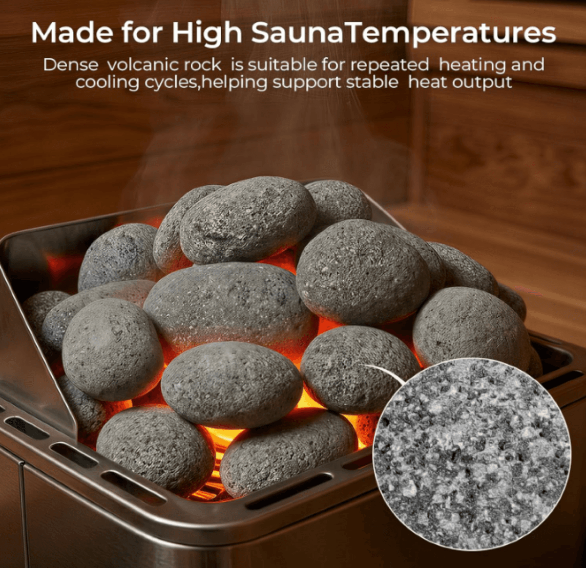 Volcanic sauna stones placed on a sauna heater